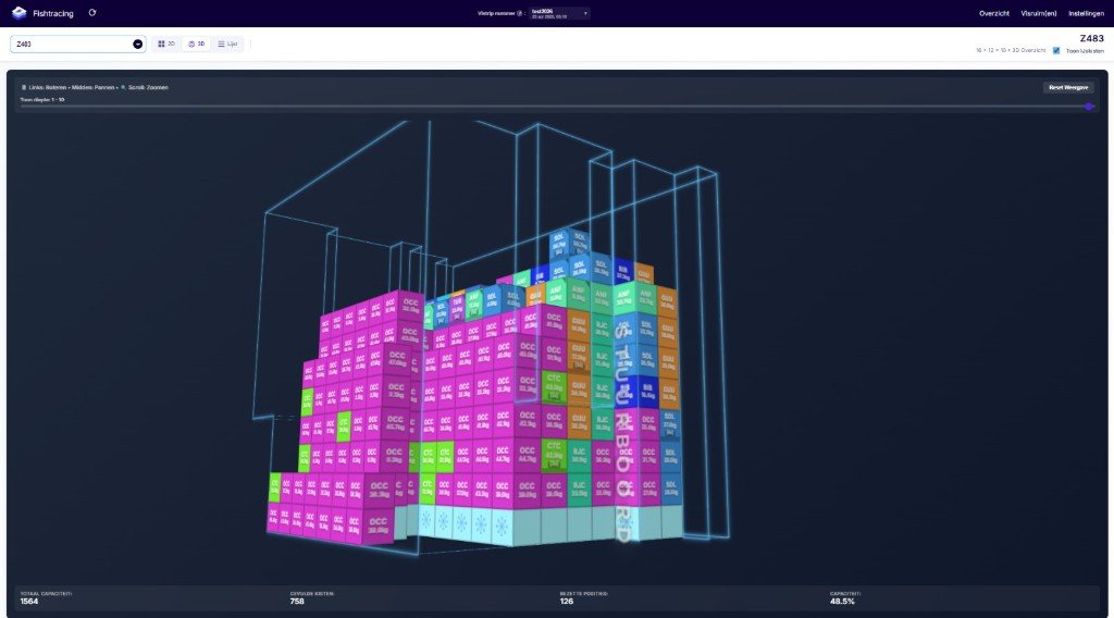 3D digital twin of the Z483 hold with every box mapped to its slot
