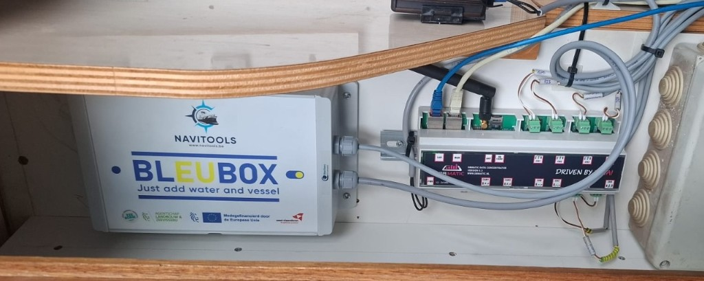 NaviTools BleuBox installed on a vessel, wired to the onboard data concentrator